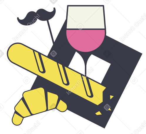 Glass of wine, a French baguette, a croissant, and a false mustache PNG, SVG