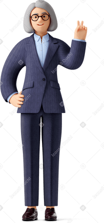 3D old businesswoman in formalwear and glasses showing peace sign Illustration in PNG, SVG