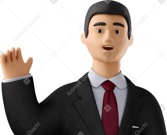 3D close up of businessman in black suit waving goodbye Illustration in PNG, SVG