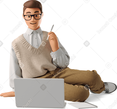 3D young man studying online Illustration in PNG, SVG