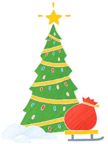 Weihnachtsbaum mit weihnachtsschmuck und ein schlitten mit einer tüte geschenke PNG, SVG