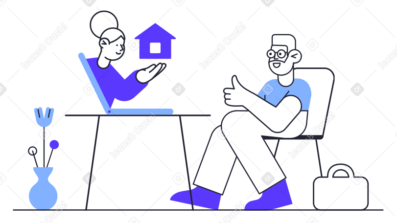 Illustration L'homme est assis sur une chaise et une fille montre la maison à travers un ordinateur portable aux formats PNG, SVG
