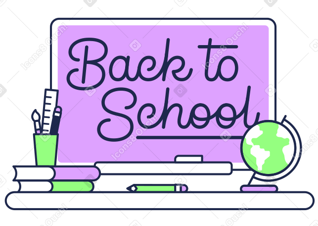 Анимированная иллюстрация Письмо обратно в школу с глобусом, книгами и текстом карандашей в GIF, Lottie (JSON), AE