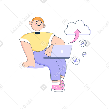 Man with laptop uploading files to cloud Illustration in PNG, SVG