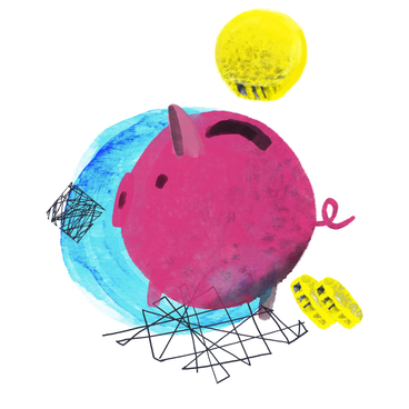 Pink piggy bank with coins and abstract elements PNG, SVG