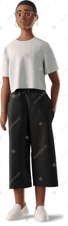 3D woman in white t-shirt and black trousers standing PNG, SVG