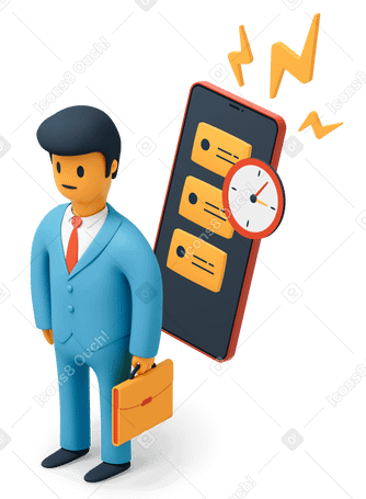 3D Businessman standing in front of smartphone with notifications and clock on screen PNG, SVG