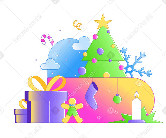 圣诞树、礼物和节日装饰品 PNG, SVG