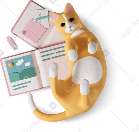 3D cat lies on open books Illustration in PNG, SVG