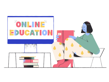 Lettering Online Education with a screen and a girl reading PNG, SVG