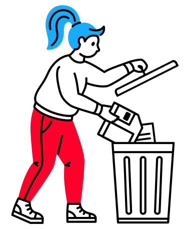 Girl throws floppy disk into a trash can Illustration in PNG, SVG