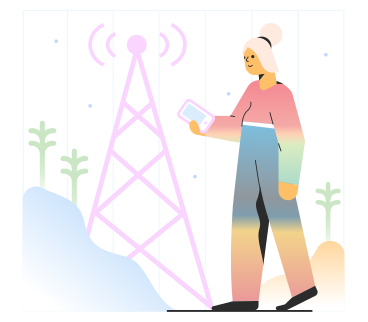 Woman with phone next to cell tower PNG, SVG