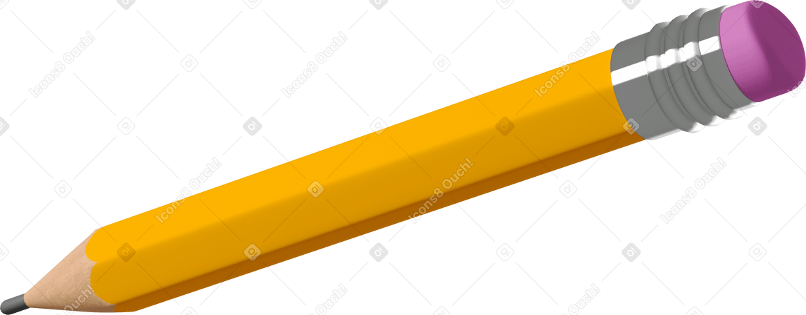 3D side view of yellow pencil with eraser on top Illustration in PNG, SVG