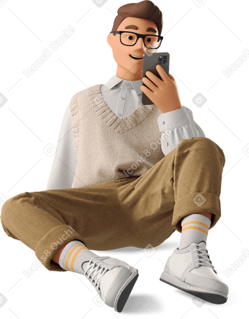 3D young man in formalwear sitting on the floor and taking photo PNG, SVG