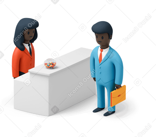 3D Receptionist and man in suit standing at reception desk PNG, SVG