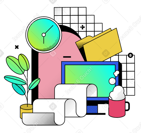 Computer monitor, clock and folder in the office PNG, SVG