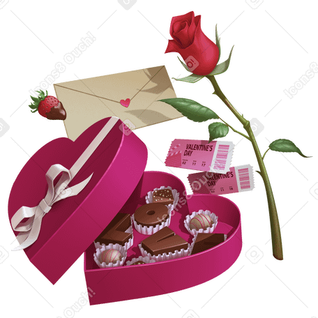 Cadeaux de la saint-valentin : boîte de chocolats, rose et lettre PNG, SVG