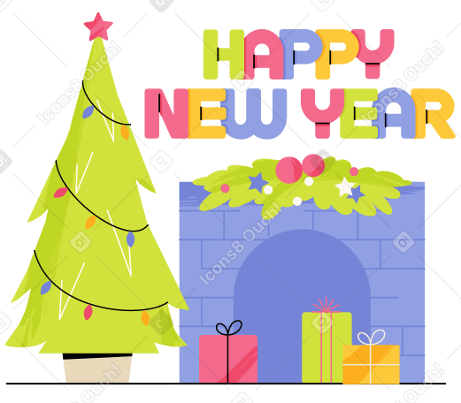 刻字新年快乐！与圣诞树和壁炉文本 PNG, SVG