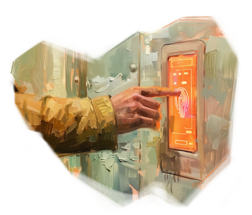 Dipinto ad olio di una persona che utilizza un sistema di chiusura biometrica PNG, SVG