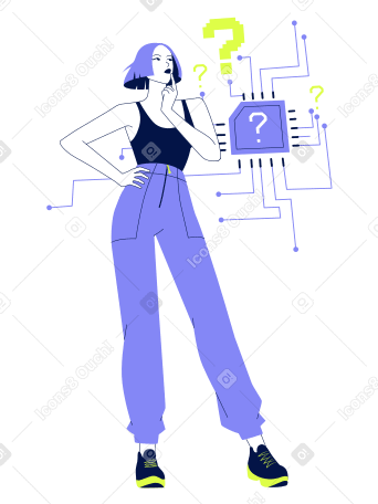 Woman looking at the question mark and thinking animated illustration in GIF, Lottie (JSON), AE