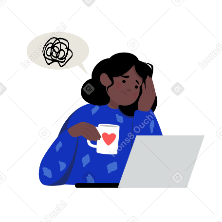 Tired girl sitting at her laptop Illustration in PNG, SVG