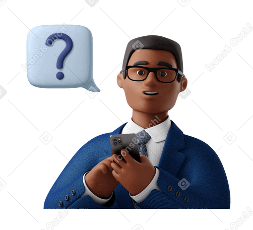 3D Смущенный бизнесмен с телефоном спрашивает: «что?» в PNG, SVG