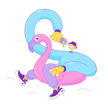 Ice cream guy floating on an inflatable pink flamingo PNG, SVG