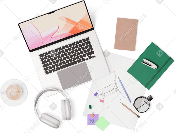 3D top view of laptop, headphones, perfume, cup, stapler, and sticky notes PNG, SVG