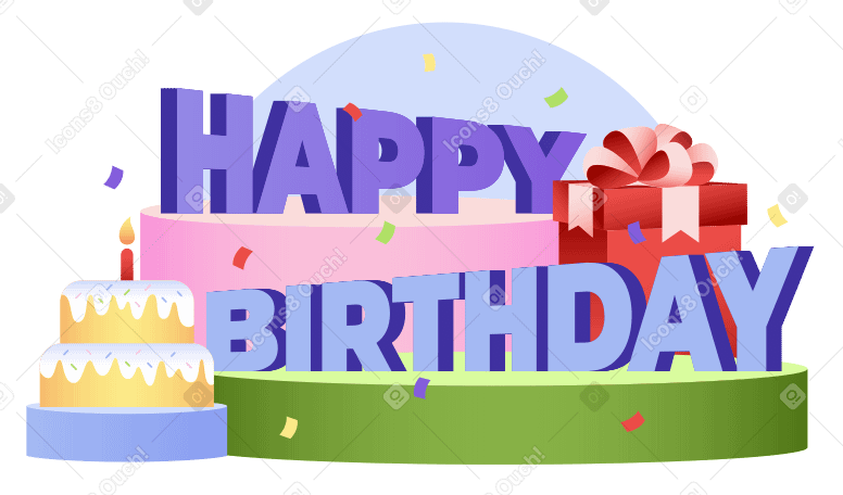 Lettering Happy Birthday! with gift box and cake text PNG, SVG