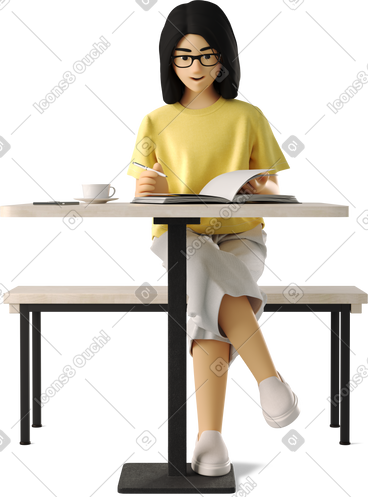 Young woman working at a bar table PNG, SVG