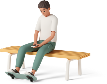 young man sitting on bench with phone in his hands and legs on skateboard PNG, SVG