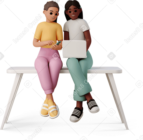 3D young women sitting with gadgets on the table PNG, SVG