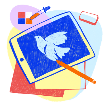 Pencil drawing of a dove on a blue ipad and various art supplies PNG, SVG