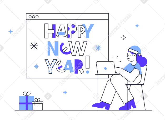 Happy New Year text in the browser and girl in a Christmas hat with a laptop and presents PNG, SVG