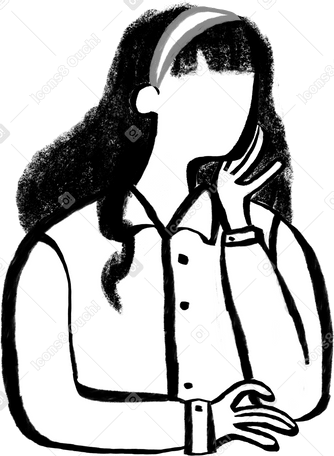 black and white woman with long curly hair sitting with her chin on her hand Illustration in PNG, SVG