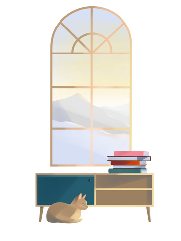 Cabinet with books near the window PNG, SVG