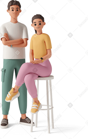 3D young woman sitting on bar stool near young man standing with arms crossed Illustration in PNG, SVG