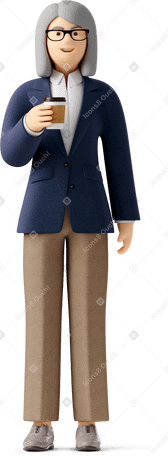 3D old businesswoman in glasses and suit with paper coffee cup PNG, SVG