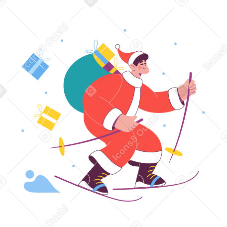 Christmas man delivers gifts on skis Illustration in PNG, SVG
