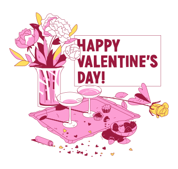 Text Happy Valentine's day with champagne glasses and flowers in vase PNG, SVG