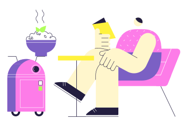 Homem sentado no café com o garçom robô PNG, SVG