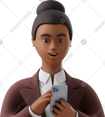 Close up of black businesswoman in brown suit looking at phone PNG, SVG