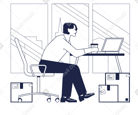 Illustration Un homme avec du café à emporter est assis sur une chaise de bureau et travaille sur un ordinateur portable, avec plusieurs colis autour de lui aux formats PNG, SVG