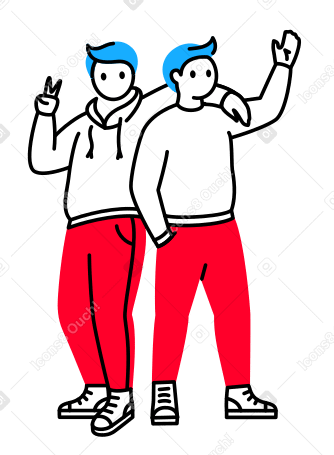 Man showing v sign and putting arm around his friend's shoulder Illustration in PNG, SVG