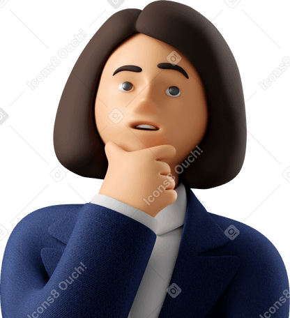 3D close up of pondering businesswoman in blue suit Illustration in PNG, SVG
