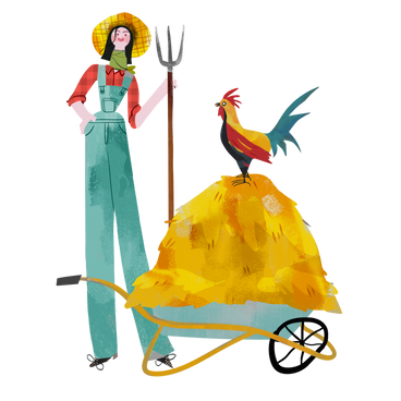 Woman in farming clothes with hay stack and rooster  PNG, SVG