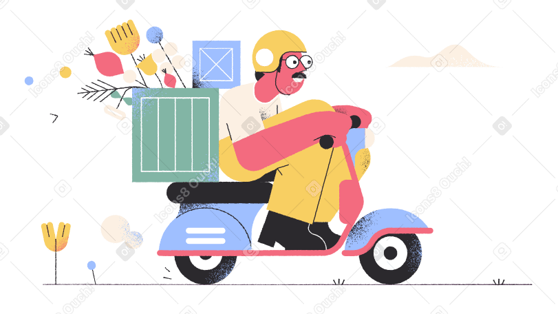 Un uomo in sella a uno scooter con un pacco sul retro PNG, SVG