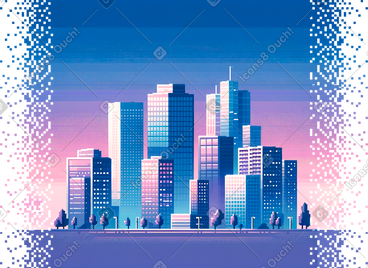 Pixel twilight city skyline with disappearing borders PNG, SVG