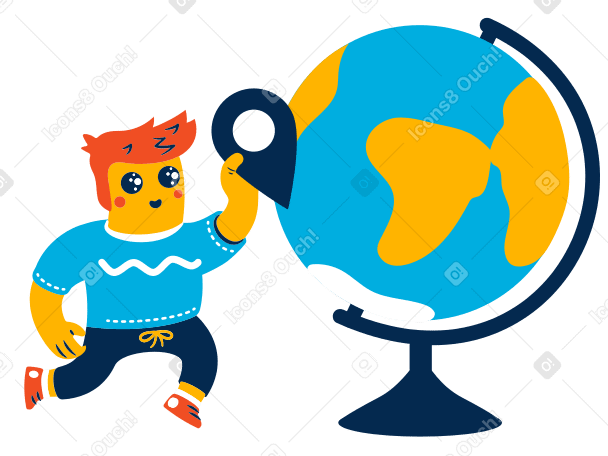 Мальчик выбирает точку назначения на глобусе в PNG, SVG