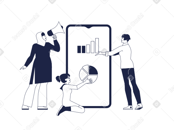 Illustration Trois femmes spécialistes du marketing et un smartphone avec des analyses commerciales à l'écran aux formats PNG, SVG